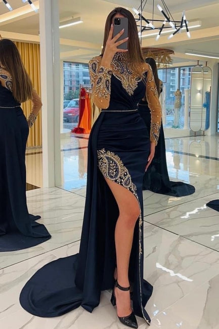 Navy Blue Long Glitter Evening Dresses Prom Dresses With Sleeves - Prom Dresses - DINIBLO 