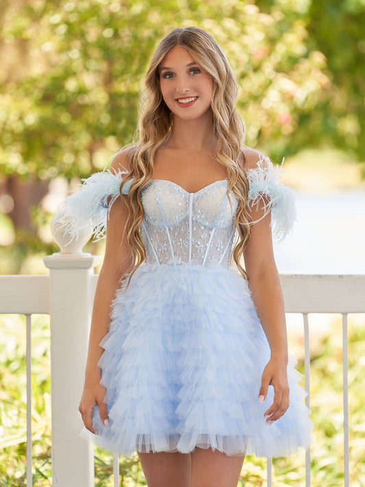 Olivia | A Line Off the Shoulder Sky Blue Homecoming Dress with Feather - Homecoming Dresses - DINIBLO 