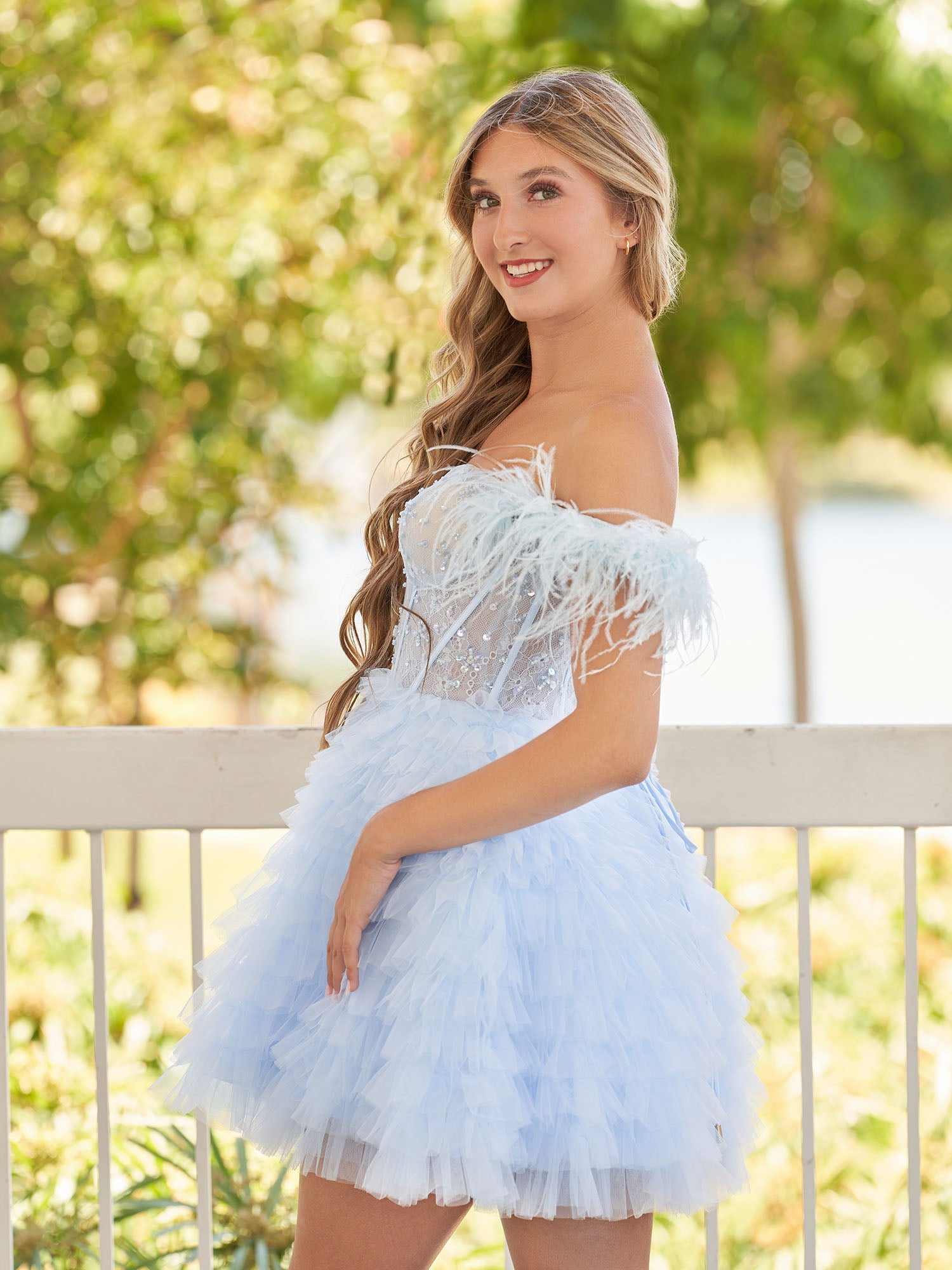 Olivia | A Line Off the Shoulder Sky Blue Homecoming Dress with Feather - Homecoming Dresses - DINIBLO 