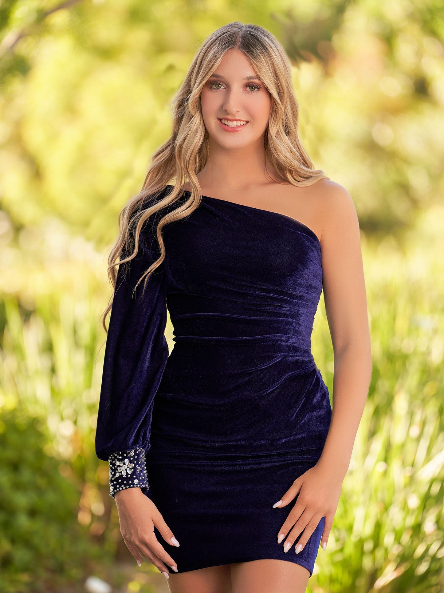 Opal | Navy Blue Sheath One-Shoulder Long Sleeve Homecoming Dress - Homecoming Dresses - DINIBLO 