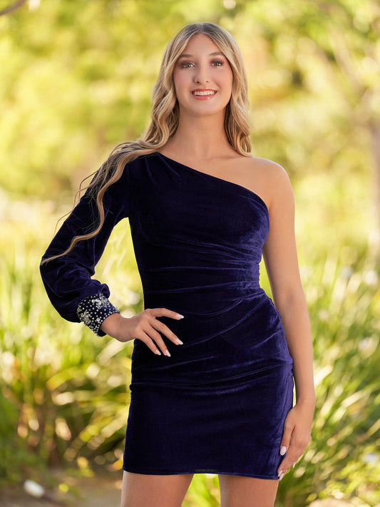 Opal | Navy Blue Sheath One-Shoulder Long Sleeve Homecoming Dress - Homecoming Dresses - DINIBLO 