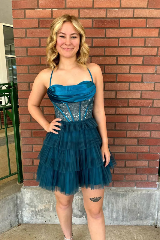 Aislinn | Peacock Blue Spaghetti Straps A-Line Tulle Tiered Corset Homecoming Dress - Homecoming Dresses - DINIBLO 