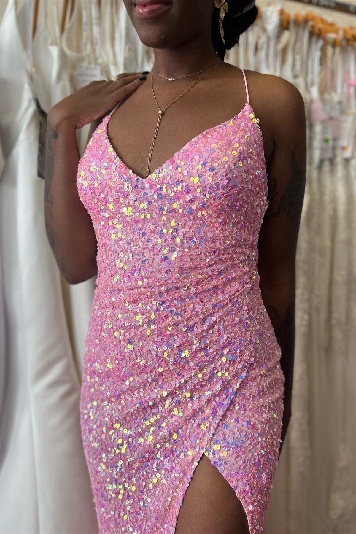 Pink Mermaid V Neck Straps Sequins Pleated Long Prom Dress with Slit - Prom Dresses - DINIBLO 