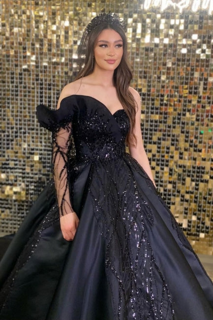 Princess Black Long Sleeve A-line Wedding Dresses With Beads - Prom Dresses - DINIBLO 