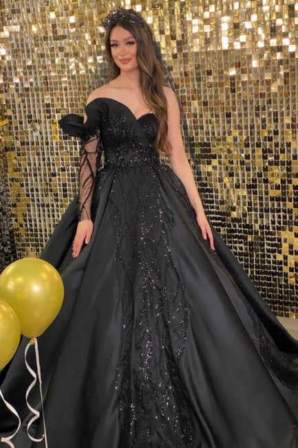 Princess Black Long Sleeve A-line Wedding Dresses With Beads - Prom Dresses - DINIBLO 