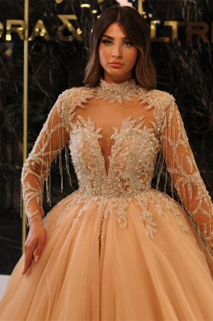 Princess Long Gold High Neck A-line Beading Evening Dresses With Long Sleeves - Prom Dresses - DINIBLO 