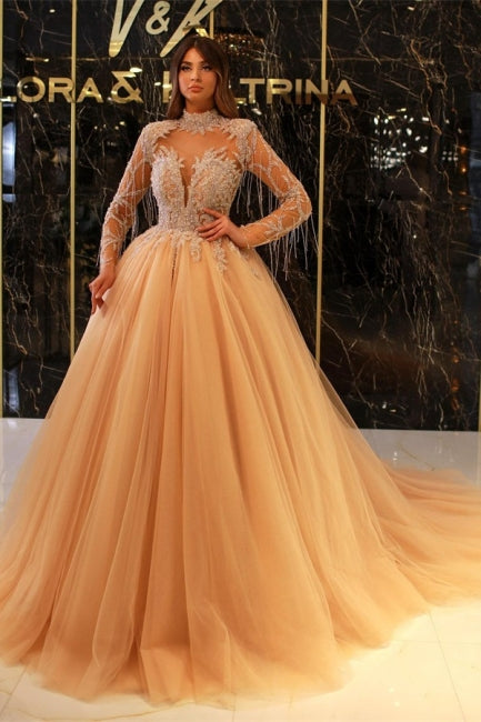 Princess Long Gold High Neck A-line Beading Evening Dresses With Long Sleeves - Prom Dresses - DINIBLO 