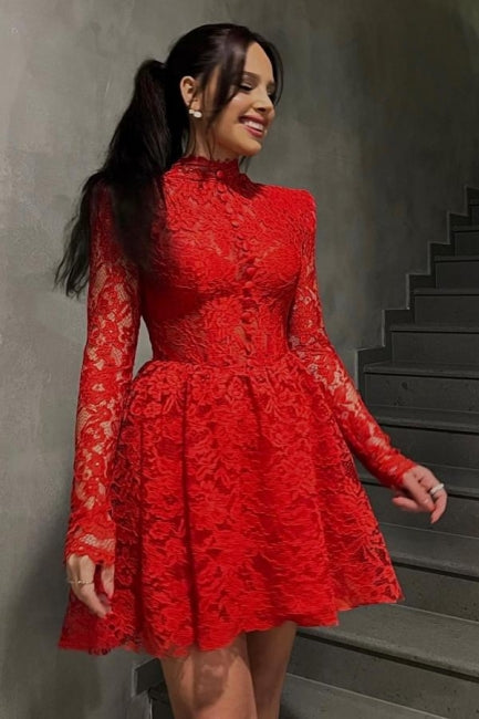 Red A-Line Short Lace Long Sleeve Cocktail Dress Party Dresses - Prom Dresses - DINIBLO 