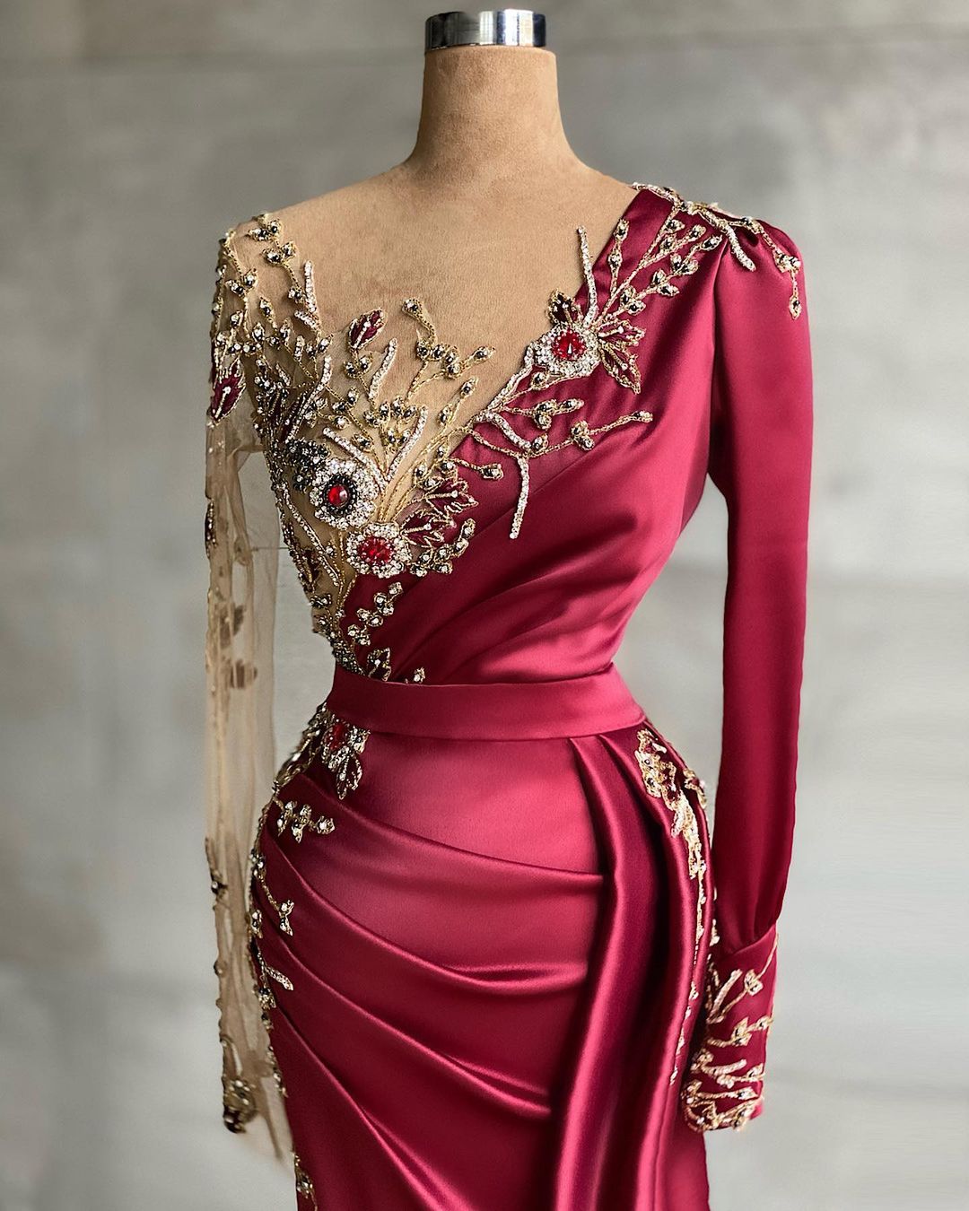 Red evening dress floor-length prom dresses with sleeves - Prom Dresses - DINIBLO 