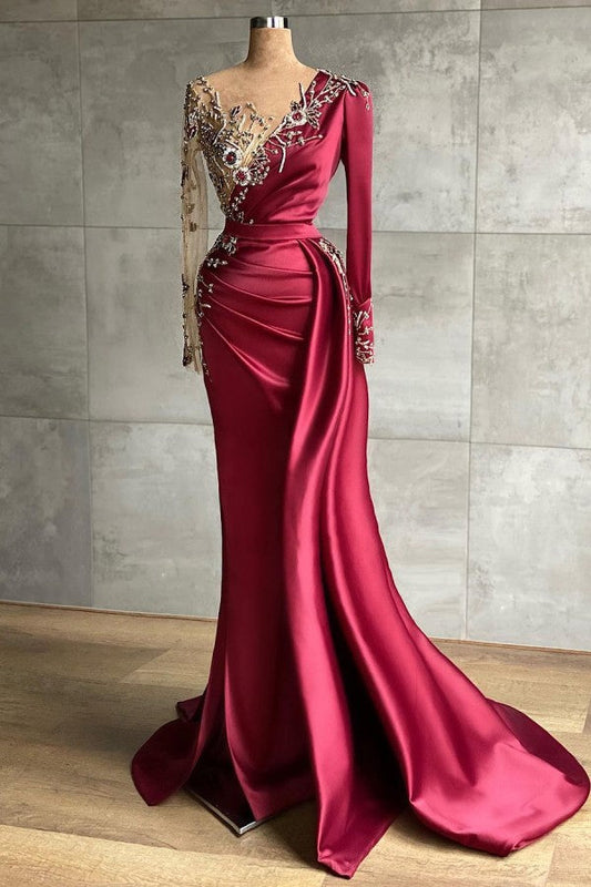 Red evening dress floor-length prom dresses with sleeves - Prom Dresses - DINIBLO 