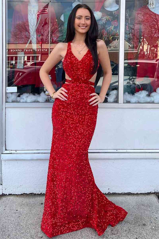 Red Mermaid V Neck Sequins Backless Long Prom Dress - Prom Dresses - DINIBLO 