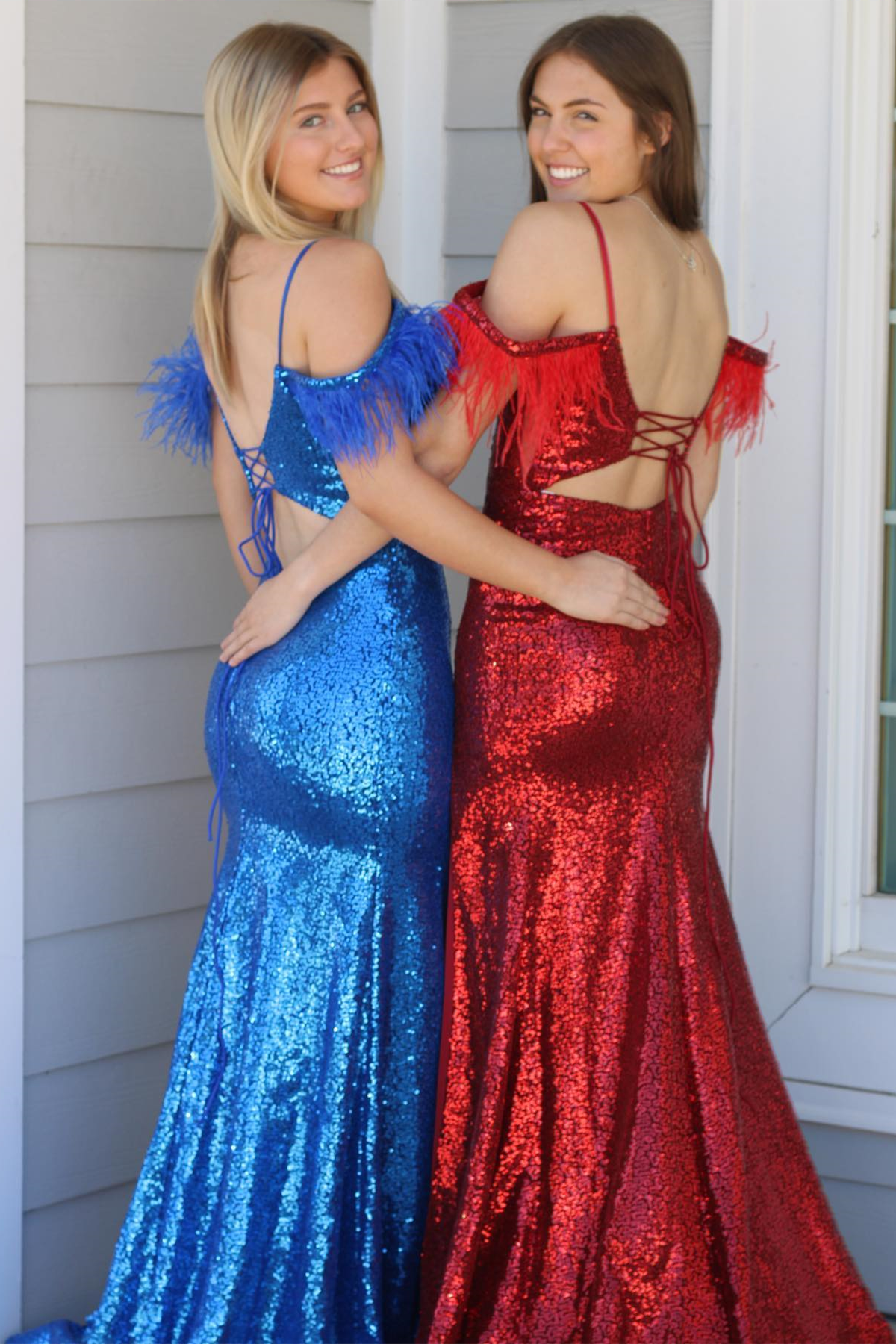 Red Sequins Cold Shoulder Feathers Long Prom Dress with Slit - Prom Dresses - DINIBLO 