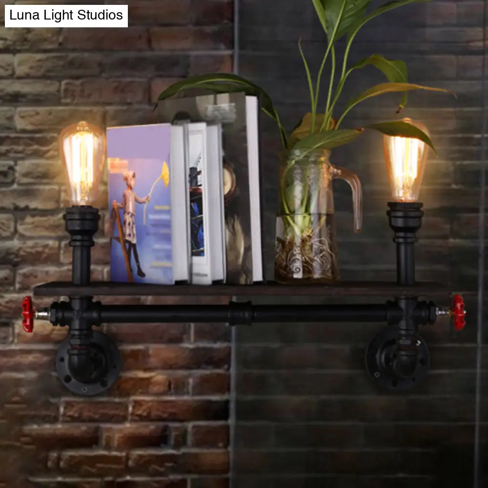 Retro Water Pipe Wall Light with 2 Heads and Iron Shelf, Black Finish - Ideal for Living Rooms -  - DINIBLO 