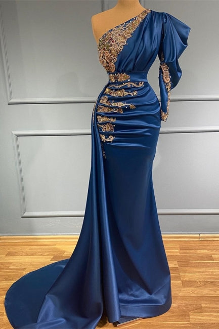 Royal Blue Asymmetric One Shoulder Stretch Satin Prom Dress with Appliques - Prom Dresses - DINIBLO 