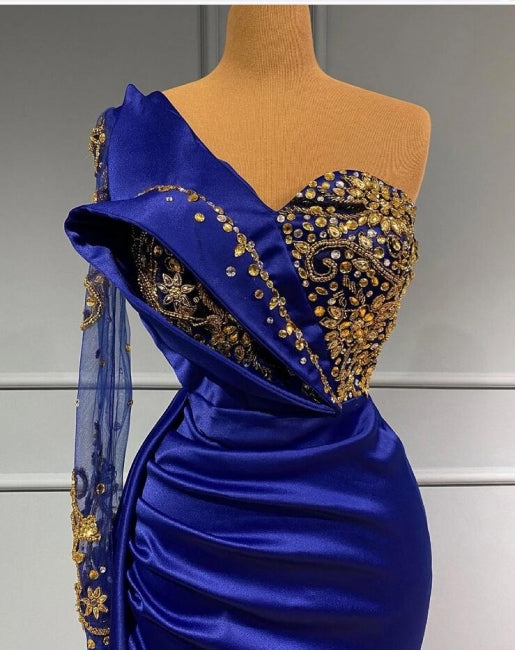 Royal Blue Long One Shoulder Mermaid Prom Dresses with Sleeves - Prom Dresses - DINIBLO 