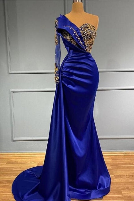 Royal Blue Long One Shoulder Mermaid Prom Dresses with Sleeves - Prom Dresses - DINIBLO 