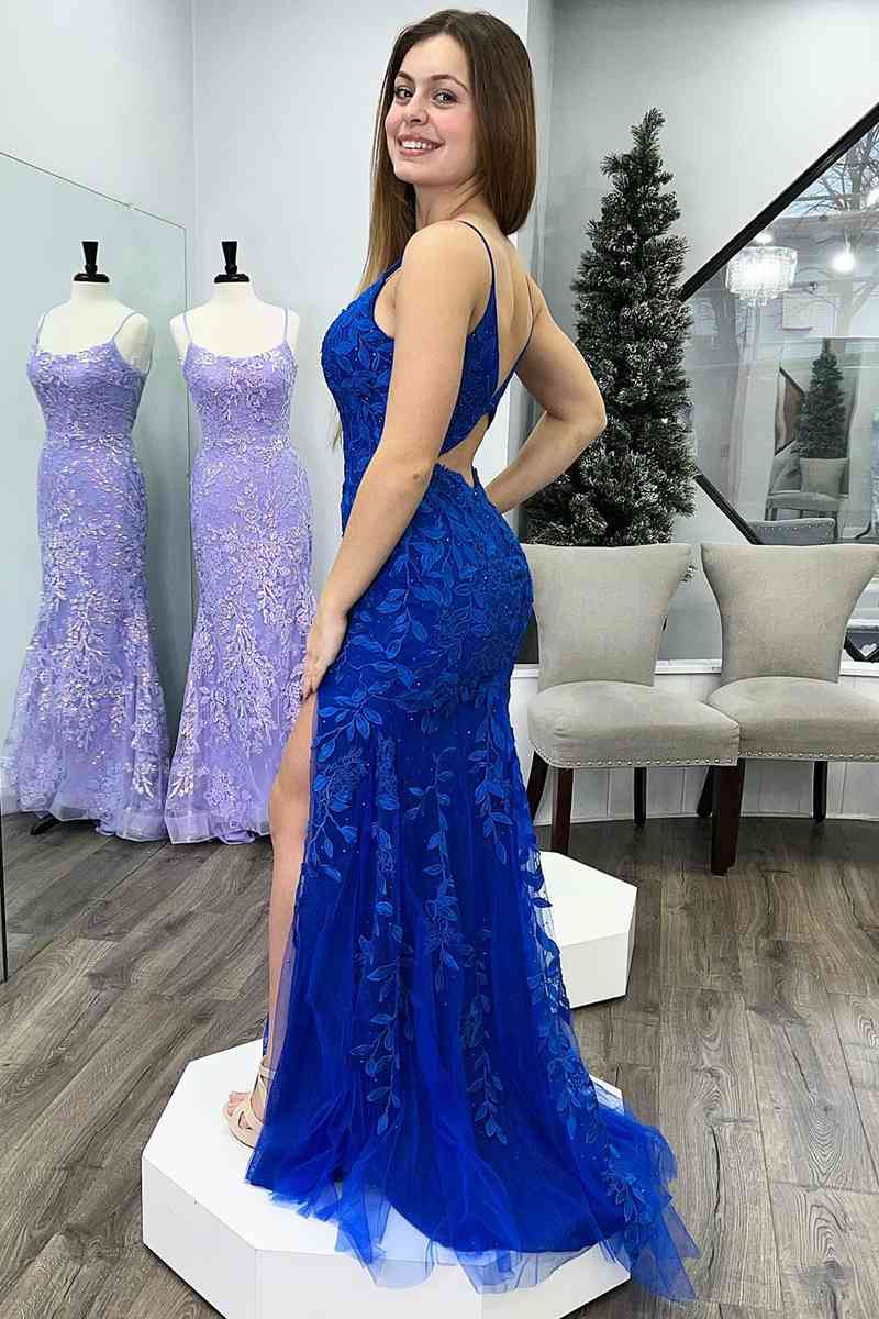 Royal Blue Mermaid Deep V Neck Tulle Applique Long Prom Dress - Prom Dresses - DINIBLO 