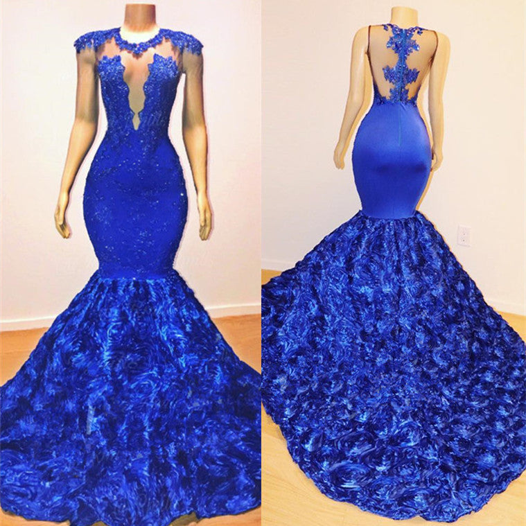 Royal Blue Mermaid Sexy Flowers Sleeveless Sheer Evening Dress - Prom Dresses - DINIBLO 