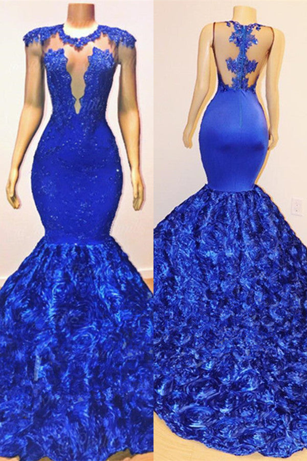 Royal Blue Mermaid Sexy Flowers Sleeveless Sheer Evening Dress - Prom Dresses - DINIBLO 