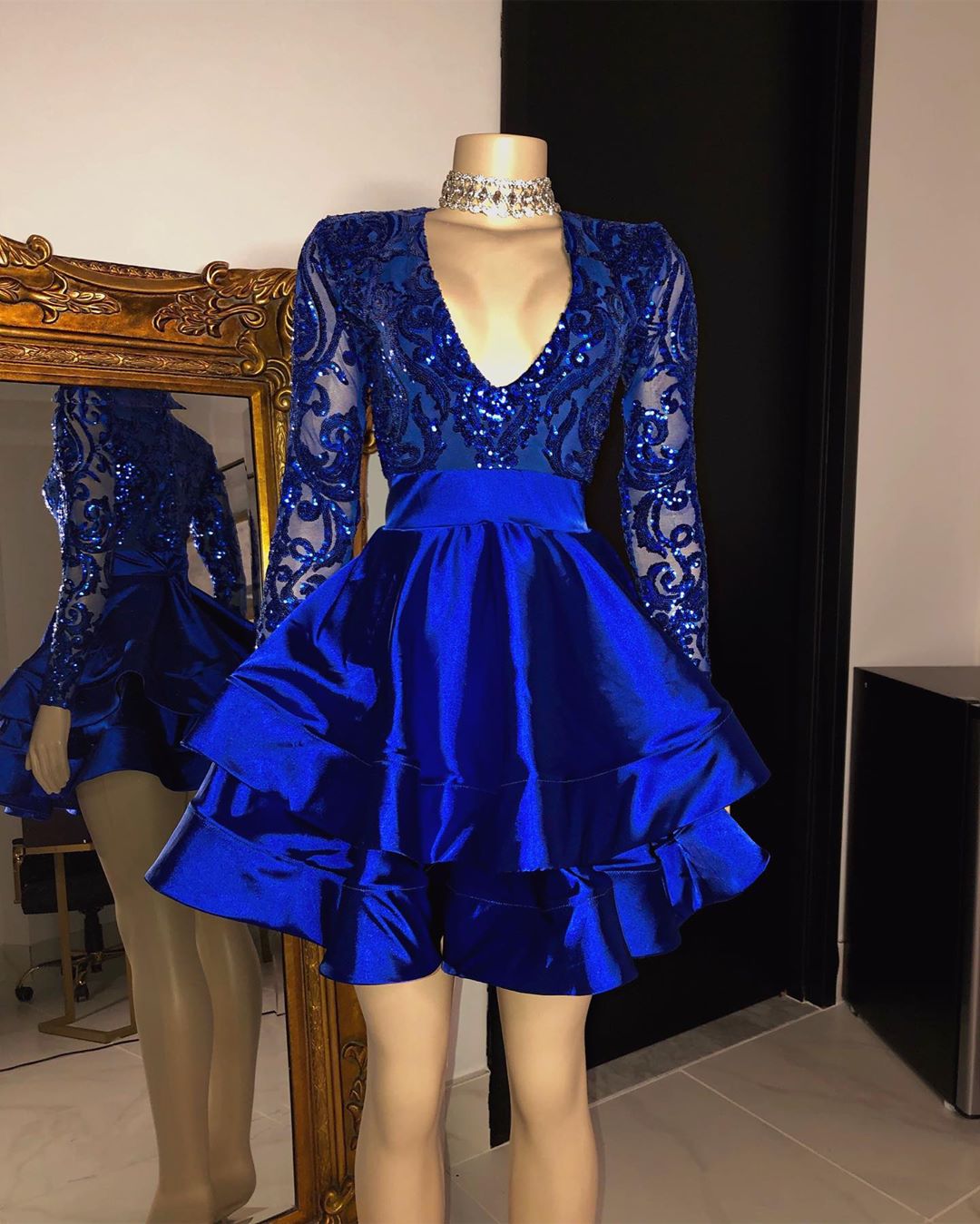 Royal Blue V-neck Long Sleeves Knee Length A-line Party Party Dresses - Prom Dresses - DINIBLO 