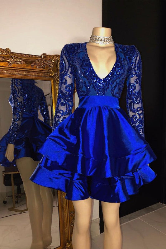 Royal Blue V-neck Long Sleeves Knee Length A-line Party Party Dresses - Prom Dresses - DINIBLO 