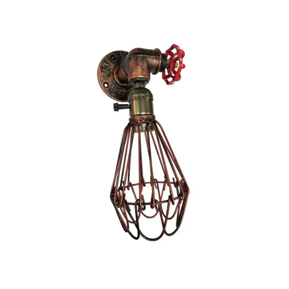 Rust Red Metallic 1-Bulb Cage Wall Light Fixture | Warehouse Sconce for Living Room -  - DINIBLO 