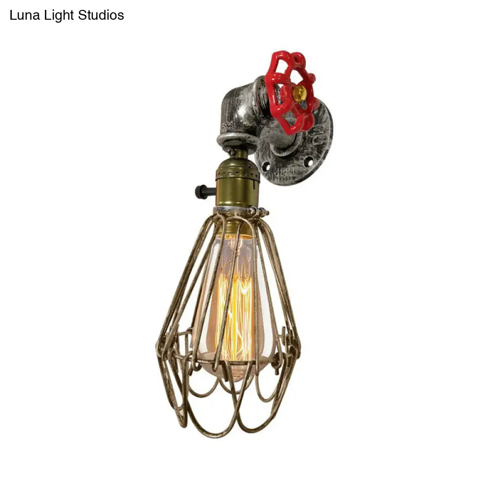 Rust Red Metallic 1-Bulb Cage Wall Light Fixture | Warehouse Sconce for Living Room -  - DINIBLO 