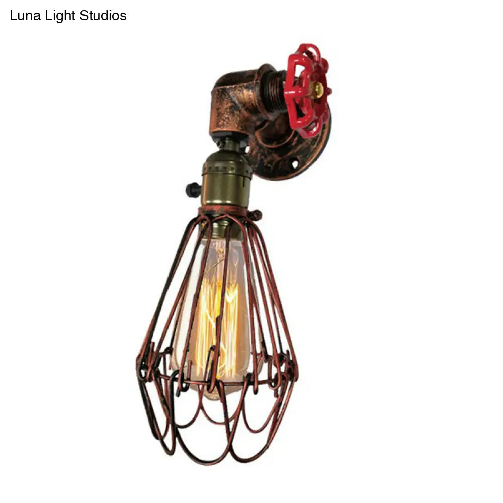 Rust Red Metallic 1-Bulb Cage Wall Light Fixture | Warehouse Sconce for Living Room -  - DINIBLO 