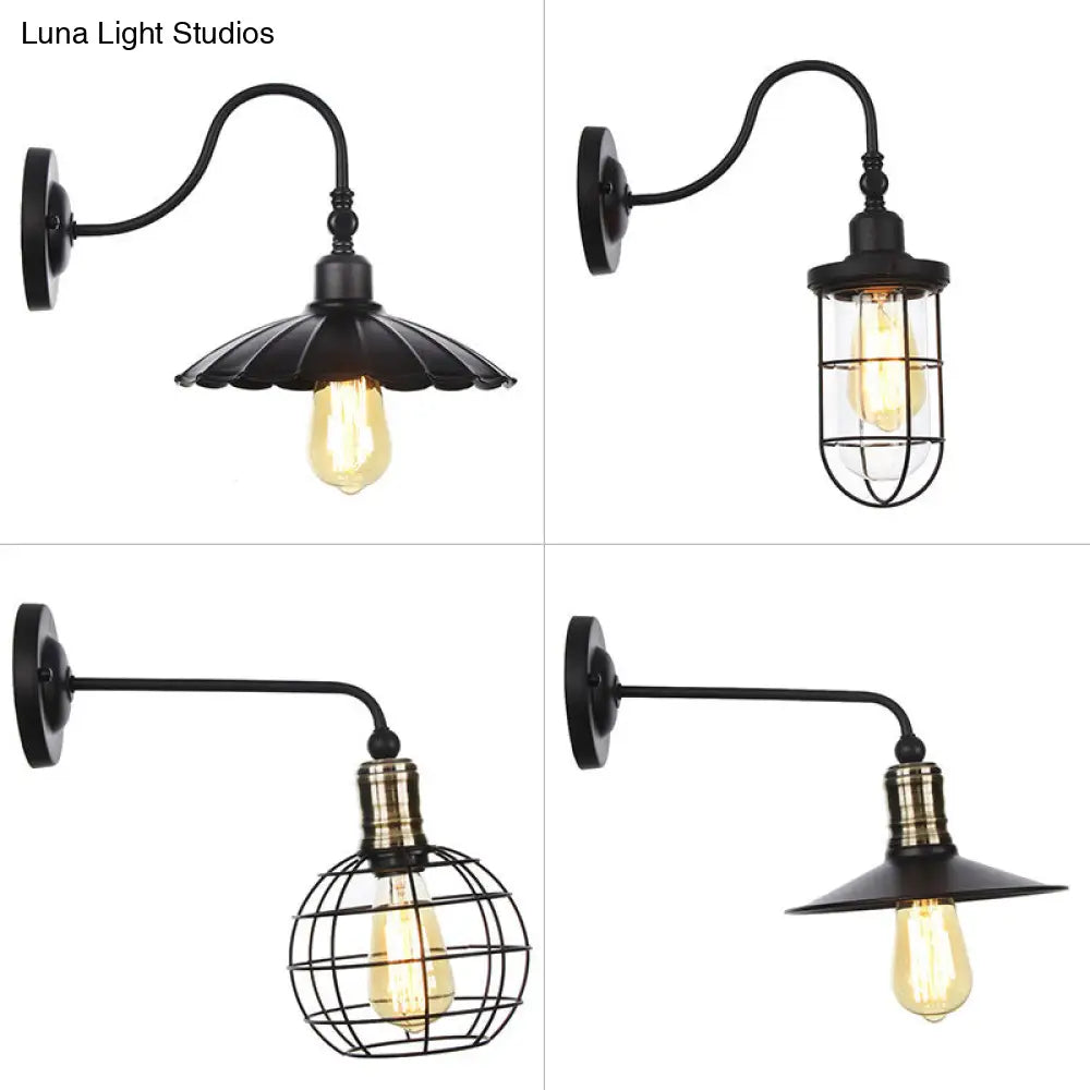 Rustic 1-Light Iron Wall Lamp Fixture in Black for Dining Room - Bell/Sphere Cage/Flared Wall Light -  - DINIBLO 