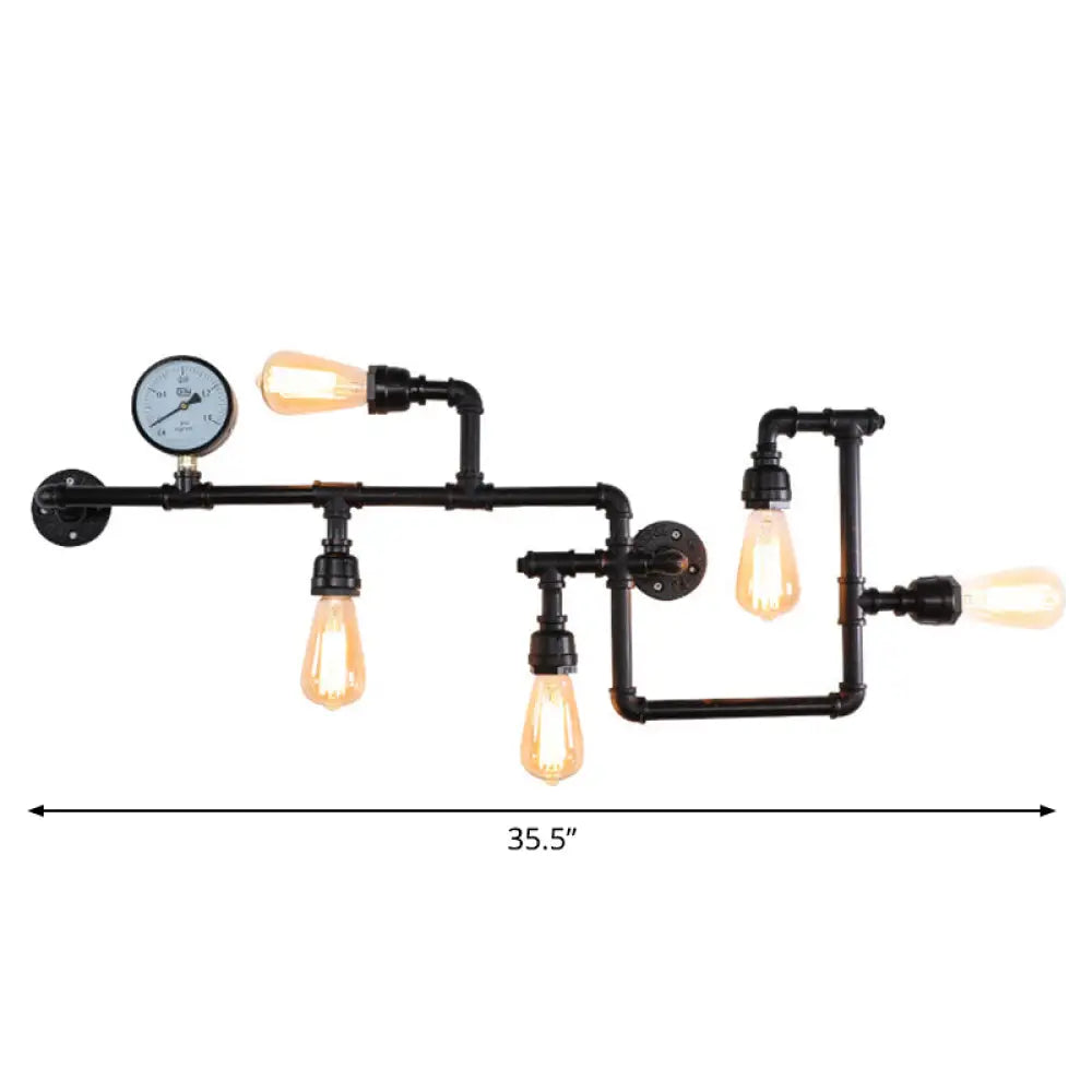 Rustic 5-Bulb Water Pipe Iron Wall Lamp with Pressure Gauge - Perfect for Restaurants -  - DINIBLO 