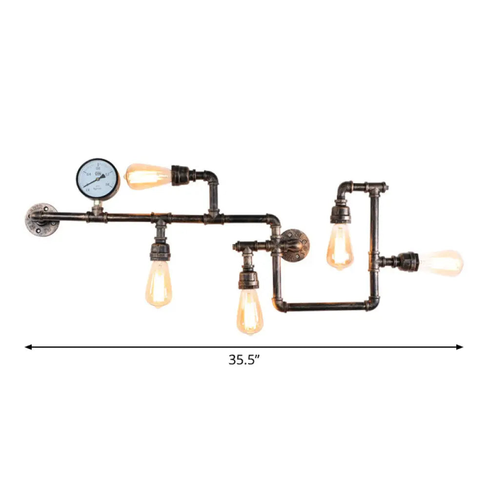 Rustic 5-Bulb Water Pipe Iron Wall Lamp with Pressure Gauge - Perfect for Restaurants -  - DINIBLO 