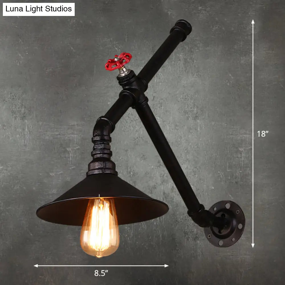 Rustic Iron Cone Wall Lamp - Water Valve Restaurant Wall Light with 1 Bulb in Black -  - DINIBLO 