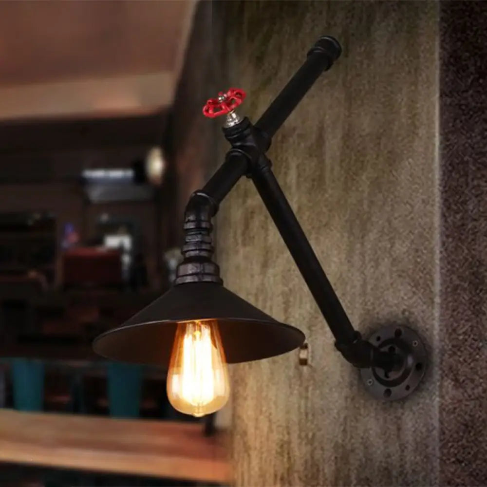 Rustic Iron Cone Wall Lamp - Water Valve Restaurant Wall Light with 1 Bulb in Black -  - DINIBLO 