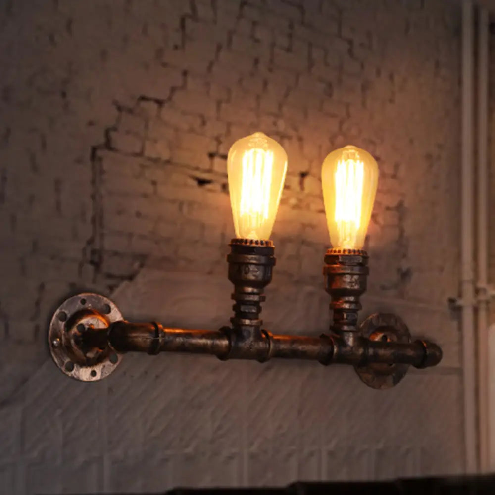 Rustic Iron Restaurant Wall Lamp with 2 Bulbs and Bronze Fixture for Plumbing Pipe Lighting -  - DINIBLO 