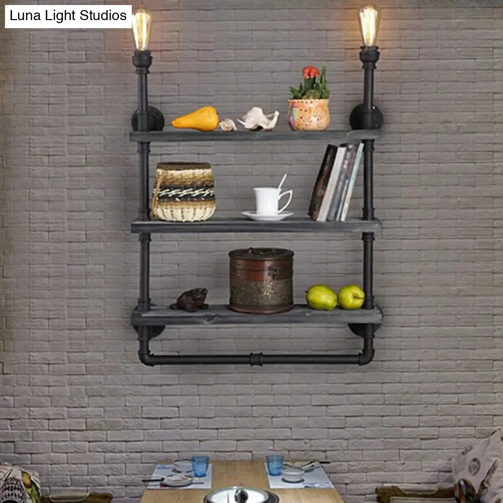 Rustic Iron Wall Lamp with Water Pipe Shelf for Restaurants - Black Finish -  - DINIBLO 