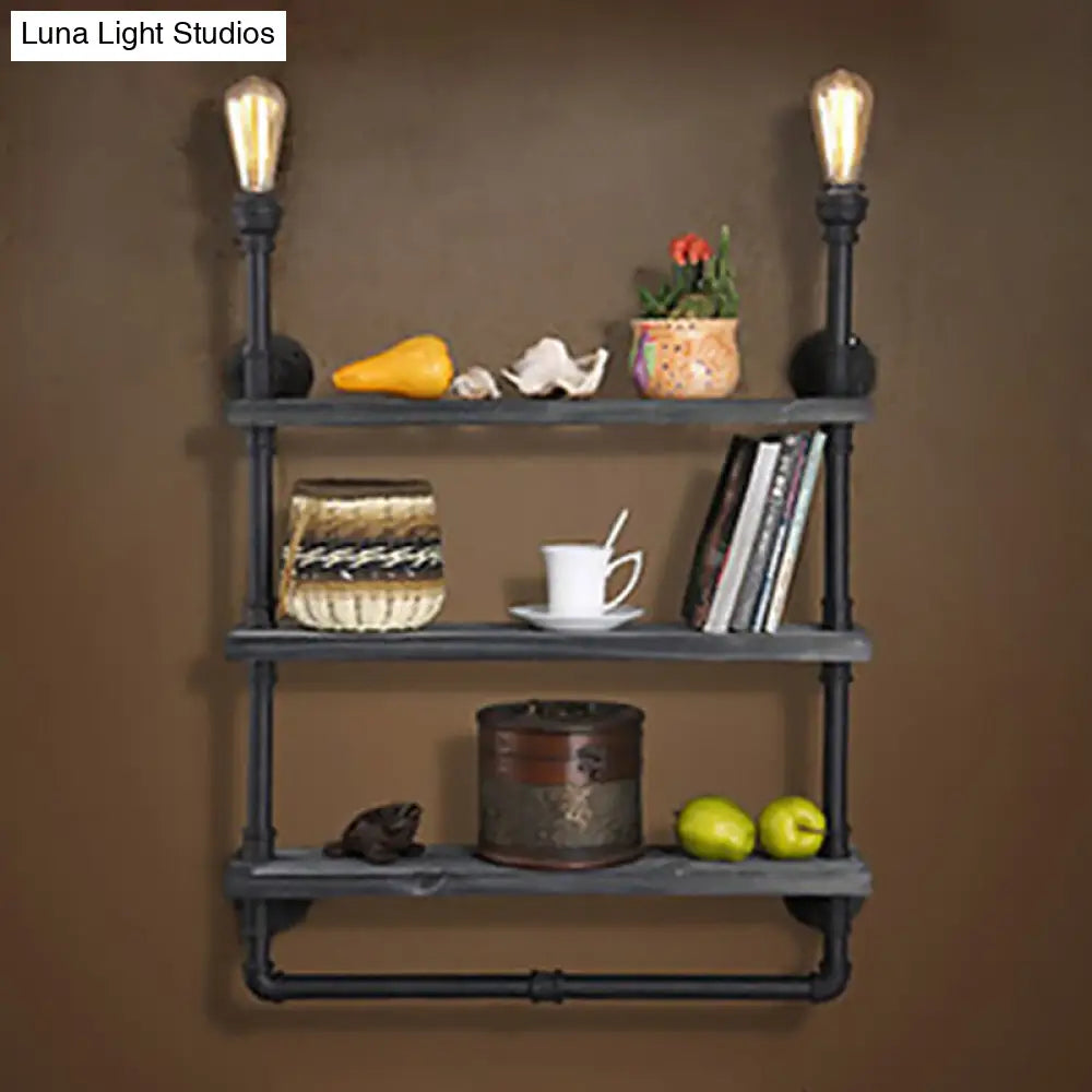 Rustic Iron Wall Lamp with Water Pipe Shelf for Restaurants - Black Finish -  - DINIBLO 