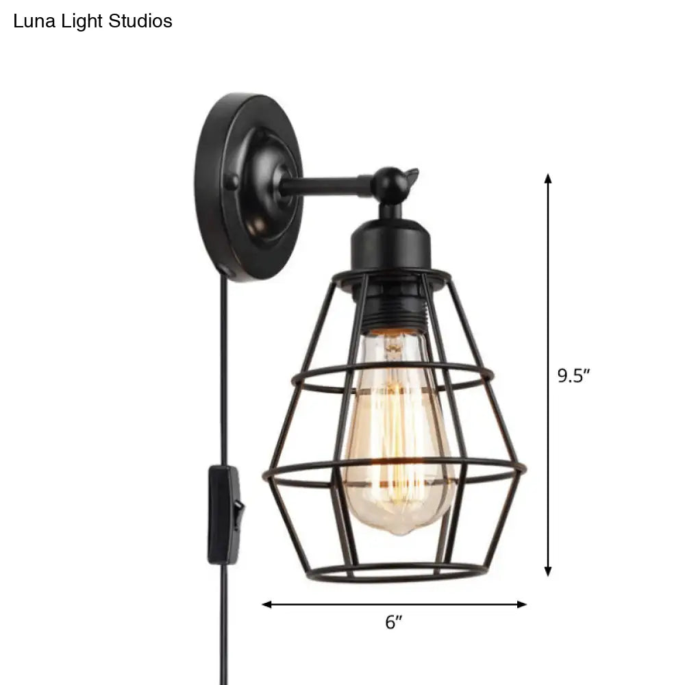 Rustic Iron Wire Cage Rotating Wall Lamp with 1 Light for Bedroom Reading - Black (With/Without Switch) -  - DINIBLO 