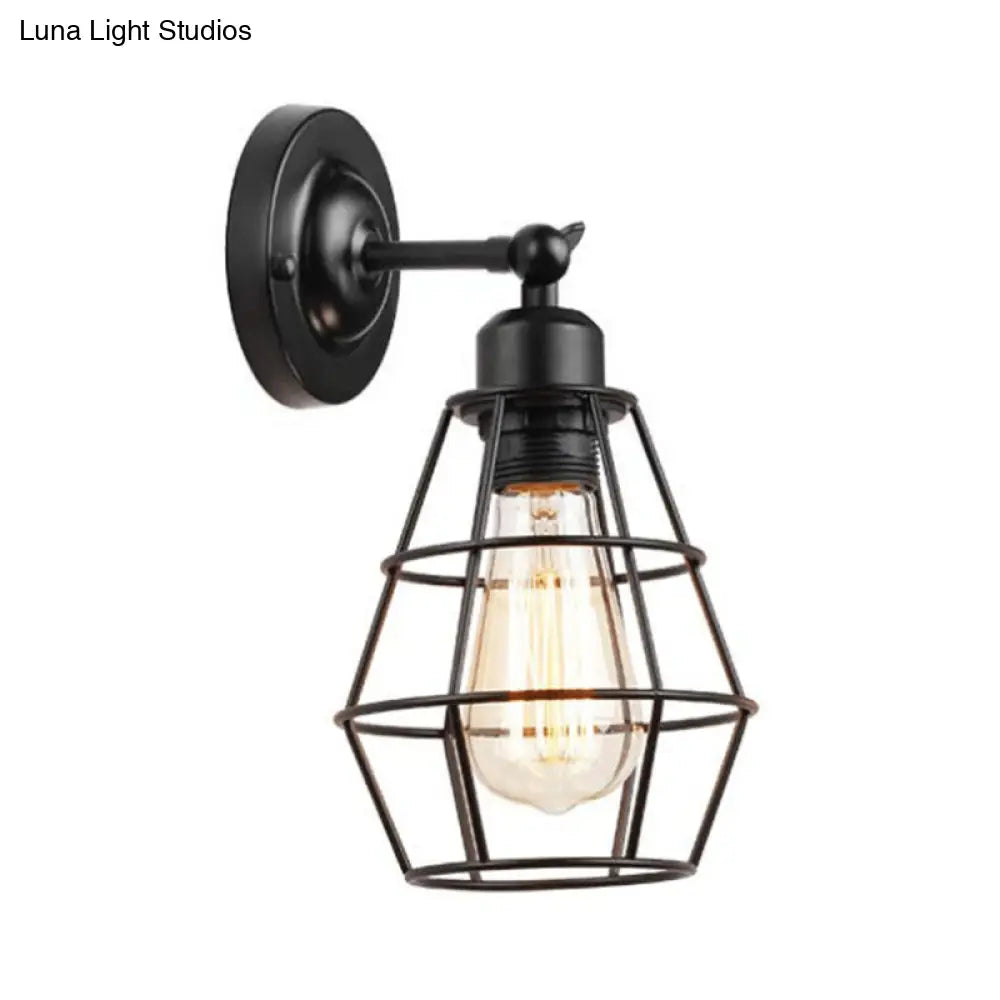 Rustic Iron Wire Cage Rotating Wall Lamp with 1 Light for Bedroom Reading - Black (With/Without Switch) -  - DINIBLO 