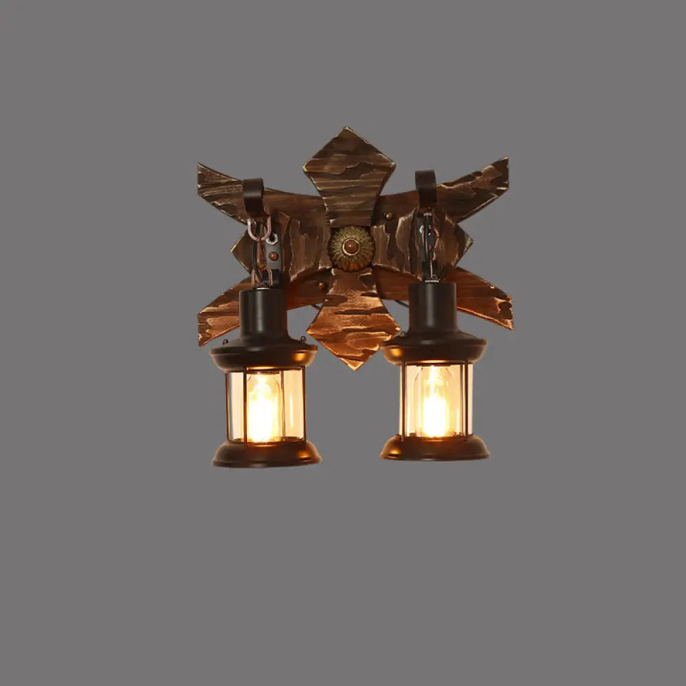 Rustic Wooden Geometric Wall Sconce - Brown 1-Light Wall Mounted Light for Restaurants