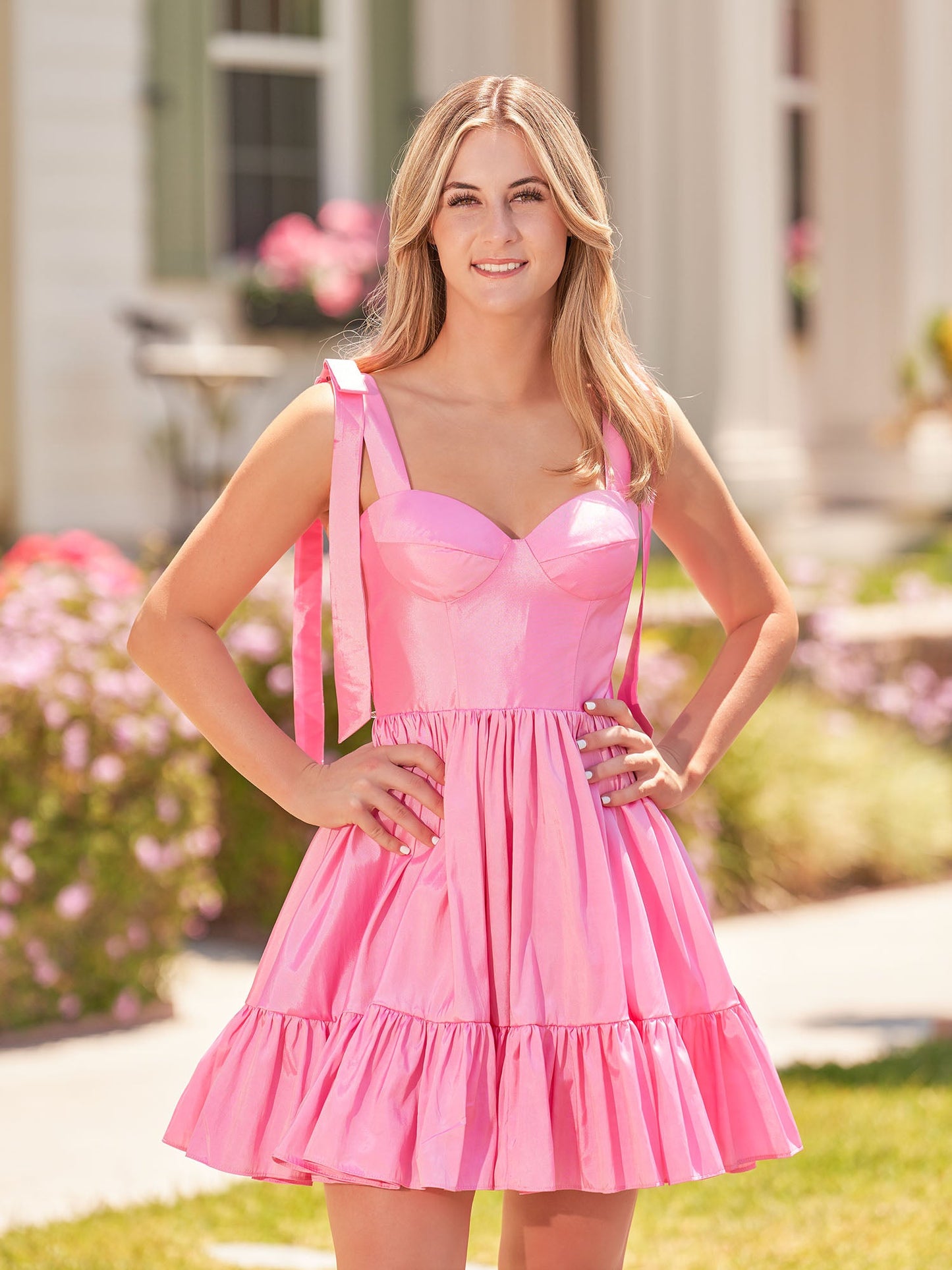 Sabrina | A-line Sweetheart Pink Ruffled Taffeta Homecoming Dress With Bow Straps - Homecoming Dresses - DINIBLO 