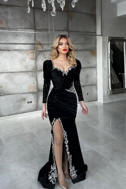 Sexy Black Sequined Column Appliques Long Sleeves Split Front Floor-length Prom Dresses - Prom Dresses - DINIBLO 