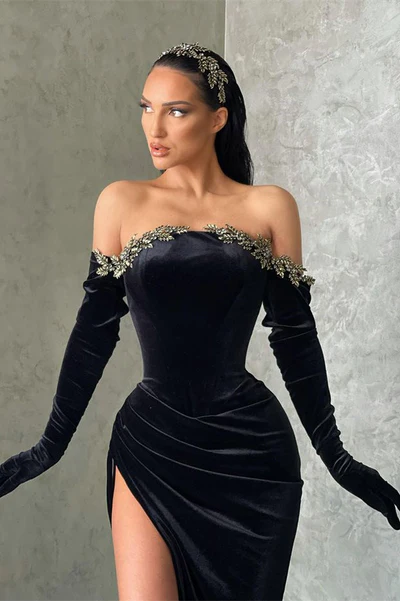 Sexy Long Black Off-the-shoulder Long Sleeves Mermaid Prom Dress With Slit - Prom Dresses - DINIBLO 