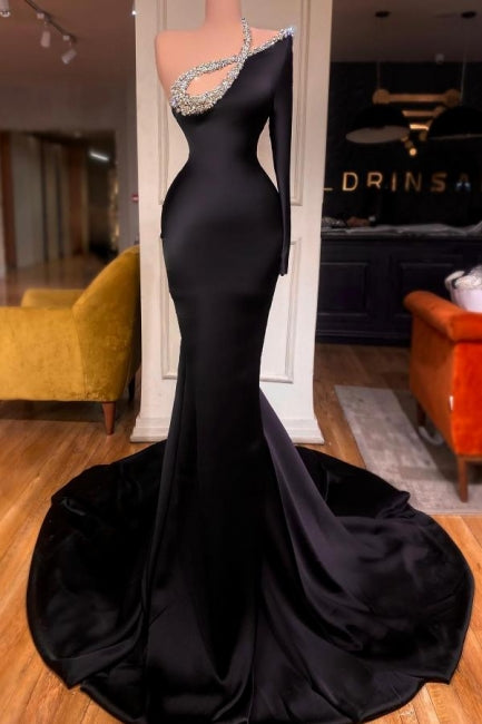 Sexy Long Black One Shoulder Long Sleeve Mermaid Prom Dresses with Glitter - Prom Dresses - DINIBLO 