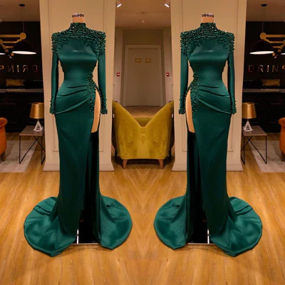 Sexy Long Dark Green High Neck Long Sleeves Beading Prom Dress With Slit - Prom Dresses - DINIBLO 