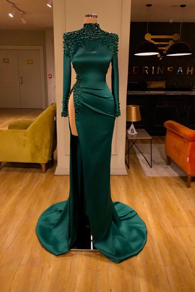 Sexy Long Dark Green High Neck Long Sleeves Beading Prom Dress With Slit - Prom Dresses - DINIBLO 