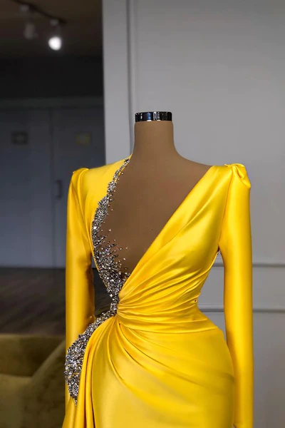 Sexy Long Yellow V-neck Sequined Split Prom Dress With Long Sleeves - Prom Dresses - DINIBLO 