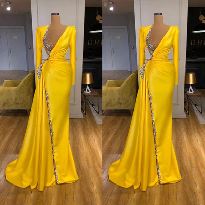 Sexy Long Yellow V-neck Sequined Split Prom Dress With Long Sleeves - Prom Dresses - DINIBLO 