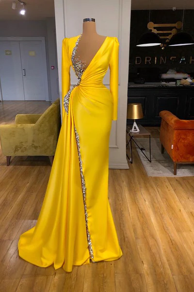 Sexy Long Yellow V-neck Sequined Split Prom Dress With Long Sleeves - Prom Dresses - DINIBLO 