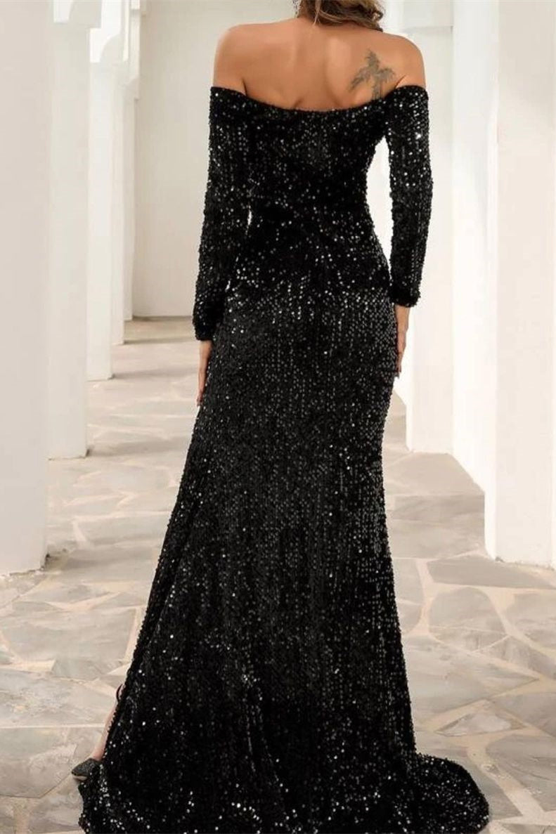 Sexy Off The Shoulder Black Sequined Front-Split Prom Dresses With Long Sleeves - Prom Dresses - DINIBLO 