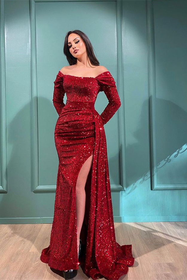 Sexy Off The Shoulder Front-Split Prom Dresses With Long Sleeves - Prom Dresses - DINIBLO 